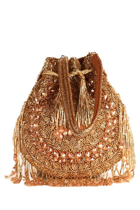 Buy_Nazaakat By Samara Singh_Brown Beads, Fringe Designer Silk Handbag 