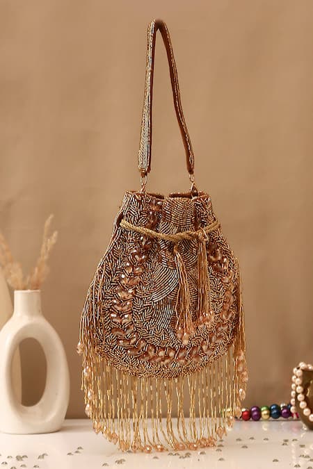 Nazaakat By Samara Singh Brown Designer Silk Handbag 