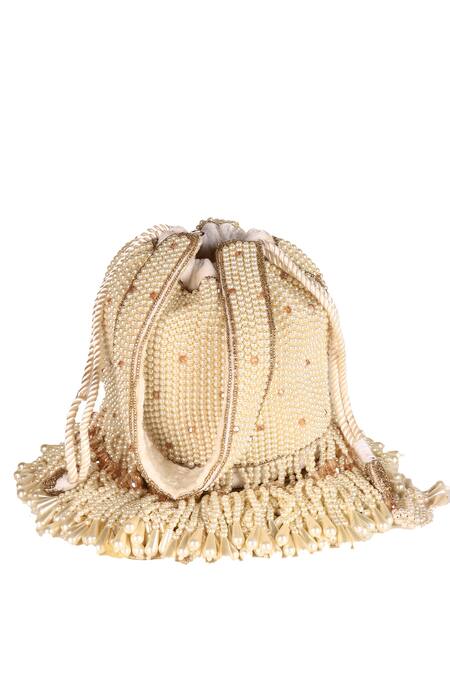 Nazaakat By Samara Singh_Off White Beads, Tassels Designer Potli Bag With Detachable Handle_at_Aza_Fashions