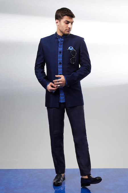Bubber Couture Navy Jacquard, Silk Bandhgala Online at Aza Fashions Bubber Couture_Navy Jacquard, Silk Bandhgala _Online_at_Aza_Fashions