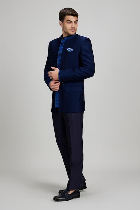 Buy Bubber Couture Navy Jacquard, Silk Bandhgala Online at Aza Fashions Buy_Bubber Couture_Navy Jacquard, Silk Bandhgala _Online_at_Aza_Fashions