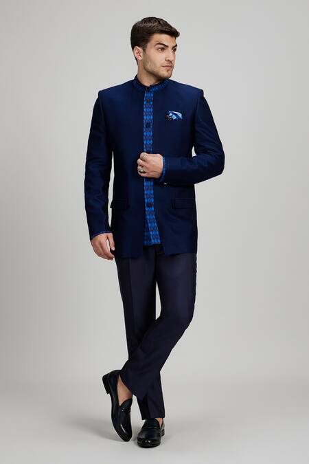Shop Bubber Couture Navy Jacquard, Silk Bandhgala Online at Aza Fashions Shop_Bubber Couture_Navy Jacquard, Silk Bandhgala _Online_at_Aza_Fashions