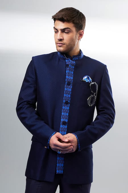 Bubber Couture Navy Jacquard, Silk Bandhgala at Aza Fashions Bubber Couture_Navy Jacquard, Silk Bandhgala _at_Aza_Fashions