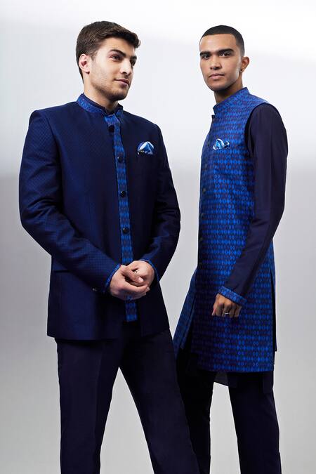 Buy Bubber Couture Navy Jacquard, Silk Bandhgala Buy_Bubber Couture_Navy Jacquard, Silk Bandhgala