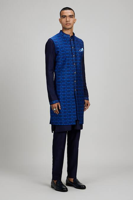 Bubber Couture_Navy Silk Blue Designer Sherwani _Online_at_Aza_Fashions