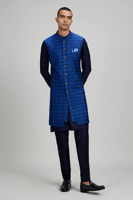 Buy_Bubber Couture_Navy Silk Blue Designer Sherwani _Online_at_Aza_Fashions