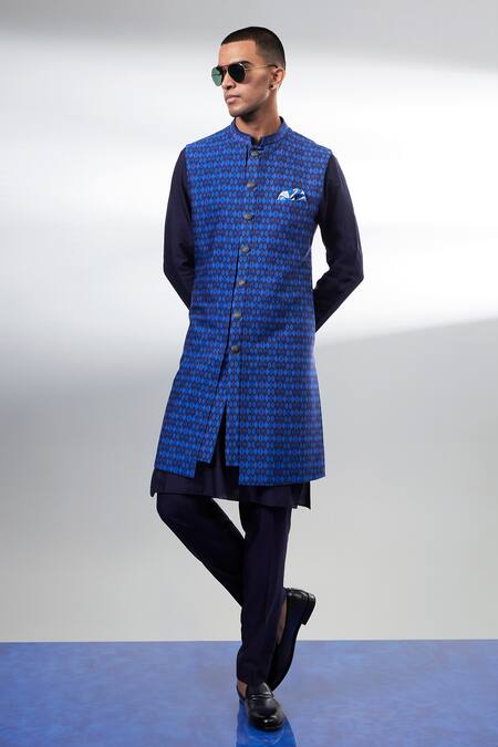 Shop_Bubber Couture_Navy Silk Blue Designer Sherwani _Online_at_Aza_Fashions