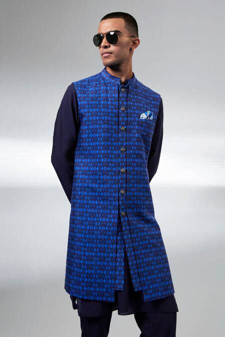 Shop_Bubber Couture_Navy Silk Blue Designer Sherwani 