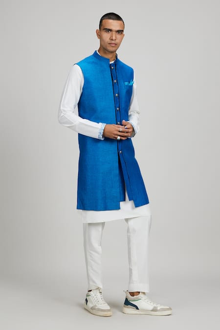 Bubber Couture_Blue Linen Designer Sherwani Jacket _Online_at_Aza_Fashions