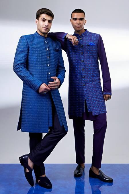 Bubber Couture_Blue Silk Embroidery Designer Sherwani Jacket _Online_at_Aza_Fashions