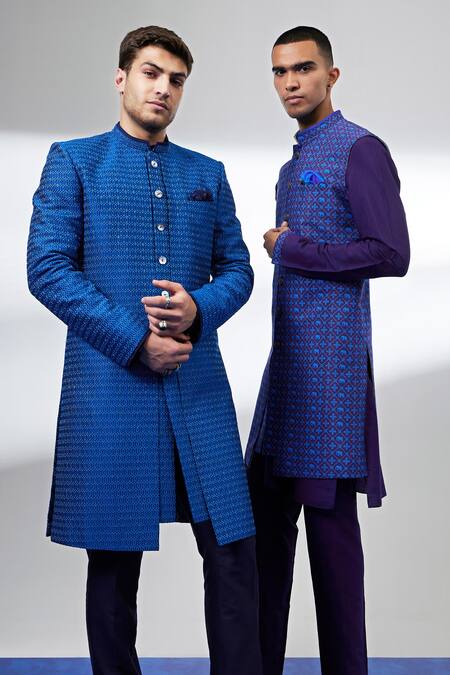 Buy_Bubber Couture_Blue Silk Embroidery Designer Sherwani Jacket _Online_at_Aza_Fashions