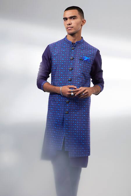 Bubber Couture_Blue Silk Embroidery Designer Sherwani Jacket _at_Aza_Fashions