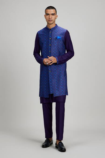 Shop_Bubber Couture_Blue Silk Embroidery Designer Sherwani Jacket 