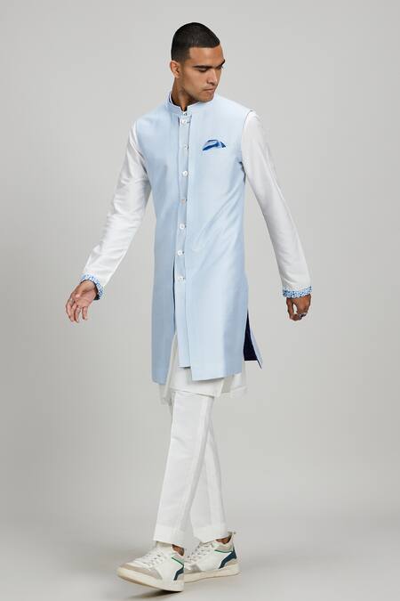Bubber Couture Sky Blue Jacquard, Silk Sherwani Jacket Online at Aza Fashions Bubber Couture_Sky Blue Jacquard, Silk Sherwani Jacket _Online_at_Aza_Fashions
