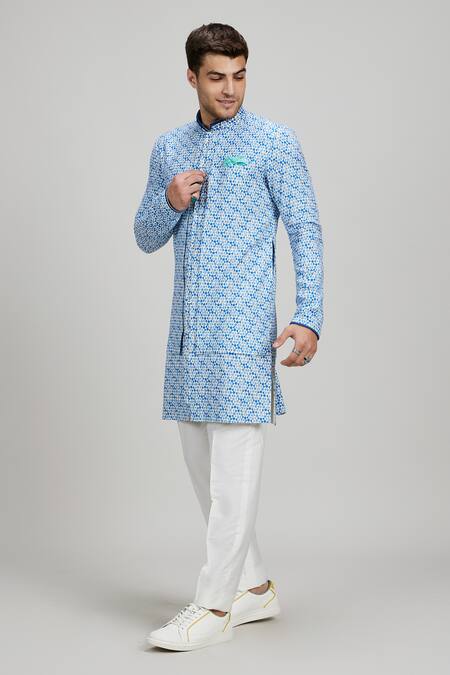 Bubber Couture_Blue Cotton Stylized Printed Layered Kurta Set _Online_at_Aza_Fashions
