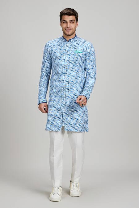 Shop_Bubber Couture_Blue Cotton Stylized Printed Layered Kurta Set _Online_at_Aza_Fashions
