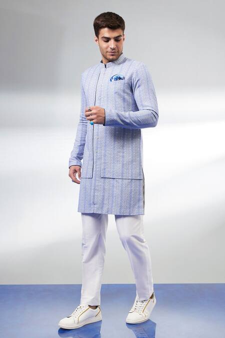 Bubber Couture_Blue Cotton Embroidery Stylized Layered Kurta Set _Online_at_Aza_Fashions