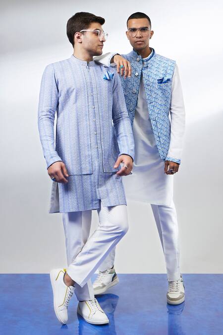 Shop_Bubber Couture_Blue Cotton Embroidery Stylized Layered Kurta Set _Online_at_Aza_Fashions