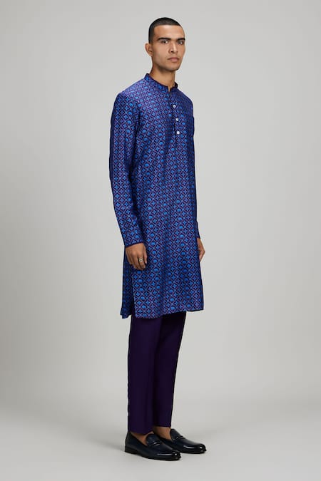 Buy_Bubber Couture_Navy Silk Printed Kurta Set _Online_at_Aza_Fashions
