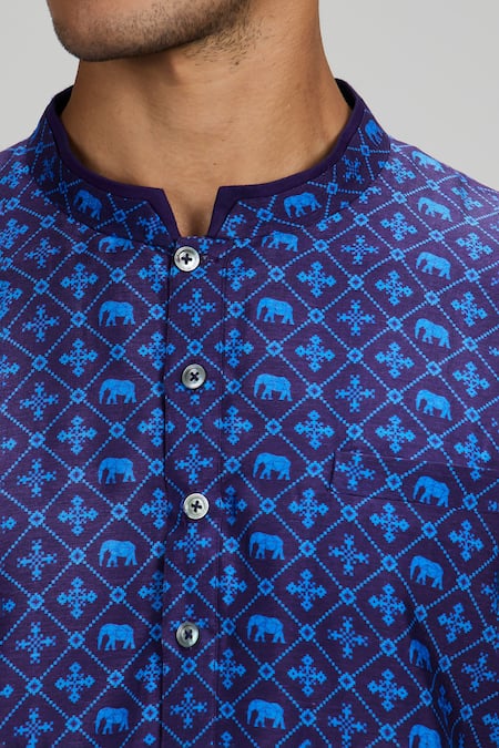 Shop_Bubber Couture_Navy Silk Printed Kurta Set _Online_at_Aza_Fashions