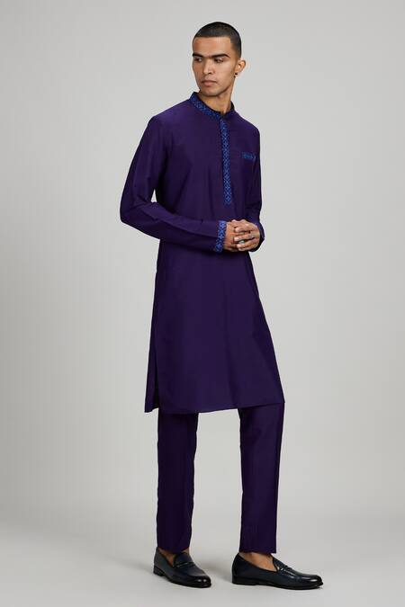 Shop_Bubber Couture_Navy Cotton Embroidery Plain Kurta Set _Online_at_Aza_Fashions