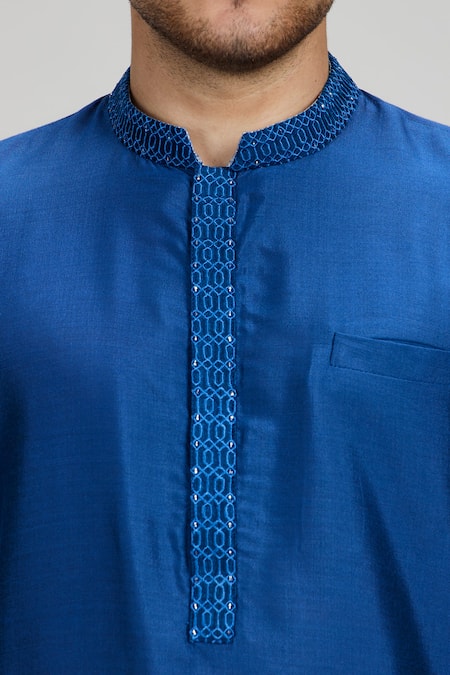 Shop Bubber Couture Blue Cotton, Silk Embroidery Plain Kurta Set Online at Aza Fashions Shop_Bubber Couture_Blue Cotton, Silk Embroidery Plain Kurta Set _Online_at_Aza_Fashions