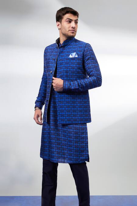 Bubber Couture_Navy Silk Designer Printed Bundi _Online_at_Aza_Fashions