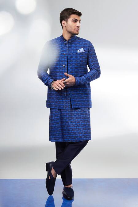 Bubber Couture_Navy Silk Designer Printed Bundi _at_Aza_Fashions