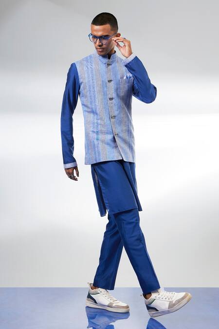 Bubber Couture Blue Linen Designer Bundi Online at Aza Fashions Bubber Couture_Blue Linen Designer Bundi _Online_at_Aza_Fashions