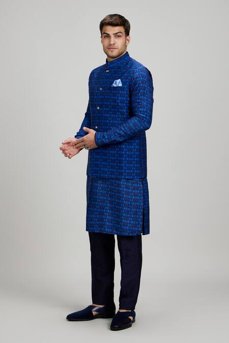 Bubber Couture_Navy Silk Embroidery Printed Bundi Jacket _Online_at_Aza_Fashions