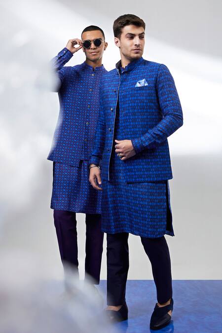 Buy_Bubber Couture_Navy Silk Embroidery Printed Bundi Jacket _Online_at_Aza_Fashions