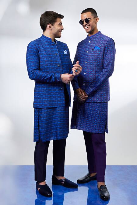 Shop_Bubber Couture_Navy Silk Embroidery Printed Bundi Jacket _Online_at_Aza_Fashions