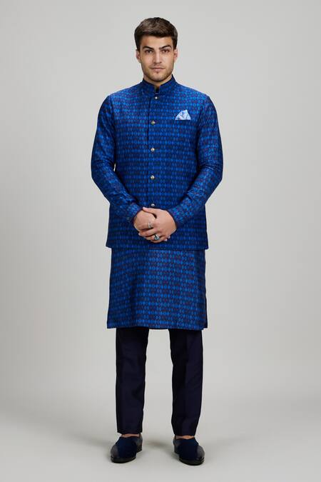 Bubber Couture_Navy Silk Embroidery Printed Bundi Jacket _at_Aza_Fashions
