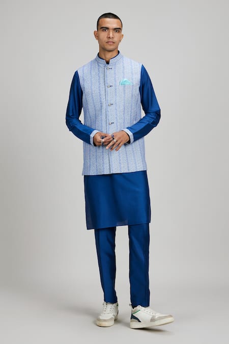 Bubber Couture_Blue Cotton Textured Nehru Jacket _Online_at_Aza_Fashions