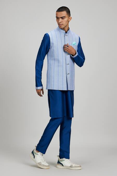 Buy_Bubber Couture_Blue Cotton Textured Nehru Jacket _Online_at_Aza_Fashions