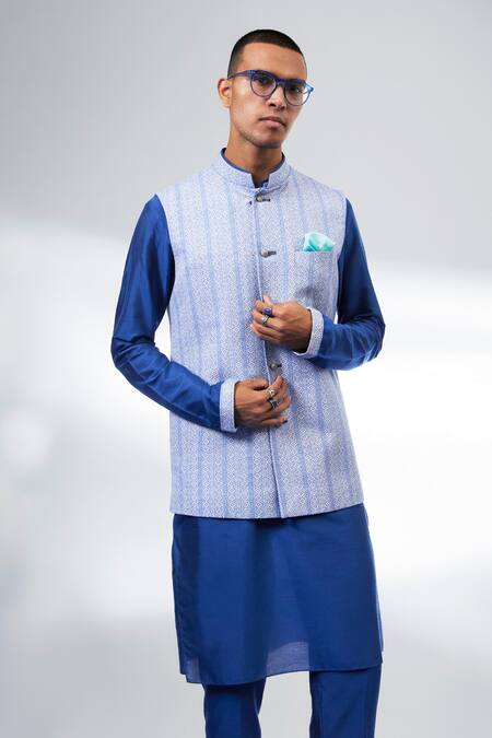 Shop_Bubber Couture_Blue Cotton Textured Nehru Jacket _Online_at_Aza_Fashions