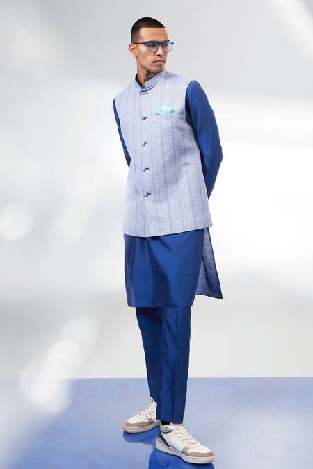 Bubber Couture_Blue Cotton Textured Nehru Jacket _at_Aza_Fashions