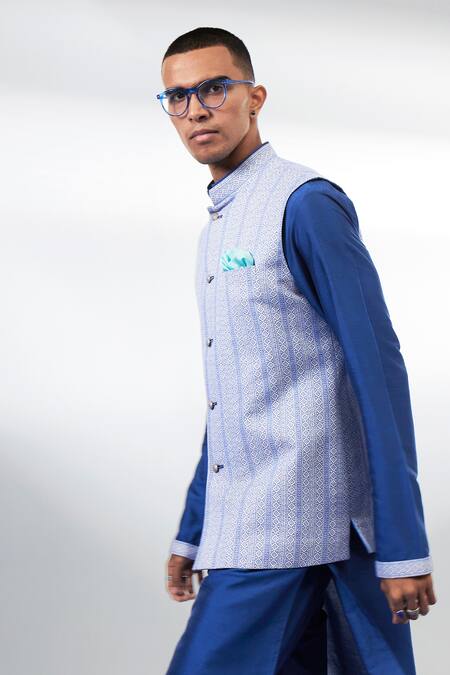Shop_Bubber Couture_Blue Cotton Textured Nehru Jacket 