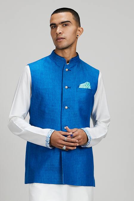 Buy_Bubber Couture_Blue Linen Nehru Jacket _Online_at_Aza_Fashions