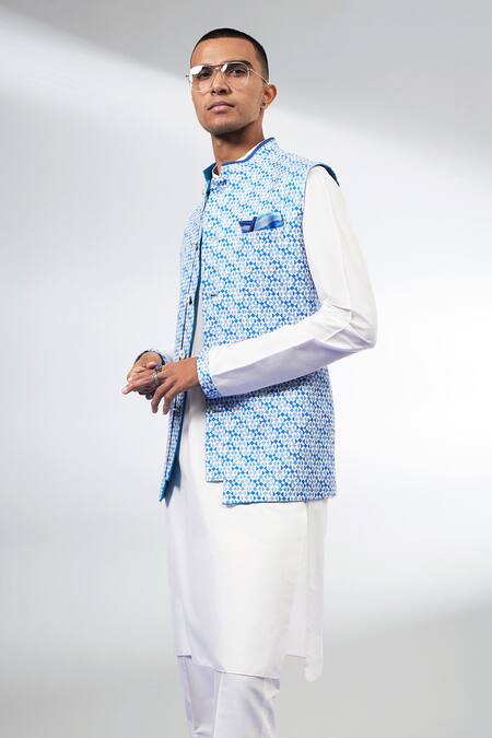 Bubber Couture_Blue Cotton Textured Nehru Jacket _Online_at_Aza_Fashions