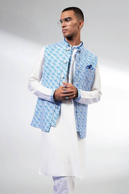Buy_Bubber Couture_Blue Cotton Textured Nehru Jacket _Online_at_Aza_Fashions