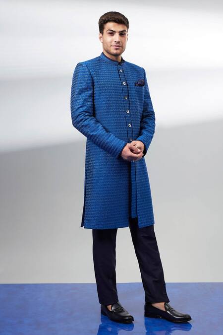 Bubber Couture Blue Chanderi , Designer Chaniya Sherwani Online at Aza Fashions Bubber Couture_Blue Chanderi , Designer Chaniya Sherwani_Online_at_Aza_Fashions