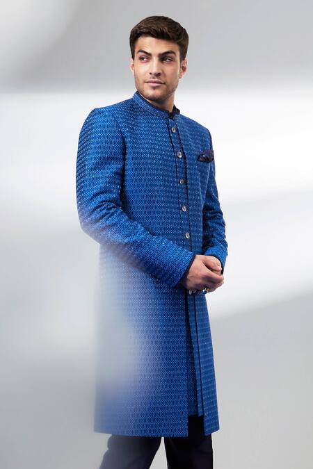 Buy Bubber Couture Blue Chanderi , Designer Chaniya Sherwani Online at Aza Fashions Buy_Bubber Couture_Blue Chanderi , Designer Chaniya Sherwani_Online_at_Aza_Fashions