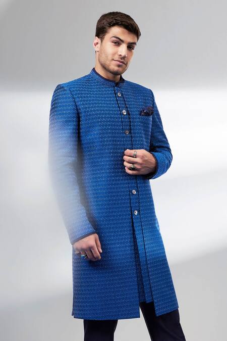 Shop Bubber Couture Blue Chanderi , Designer Chaniya Sherwani Online at Aza Fashions Shop_Bubber Couture_Blue Chanderi , Designer Chaniya Sherwani_Online_at_Aza_Fashions