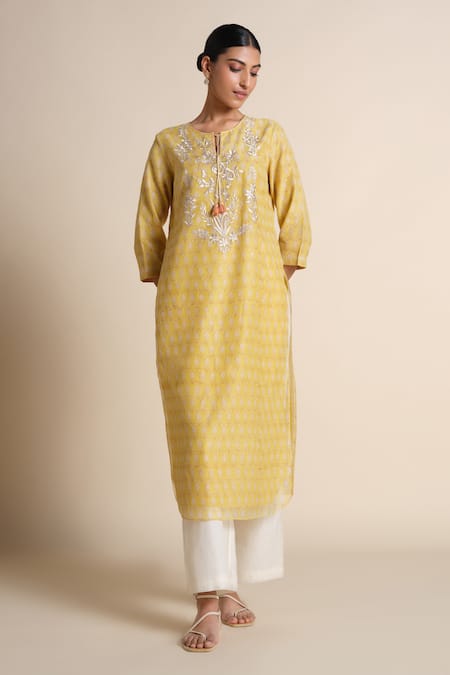 Grassroot By Anita Dongre Chanderi Embroidered Yellow Kurta 