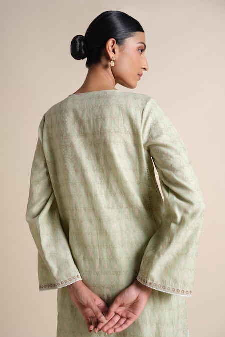 Grassroot By Anita Dongre_Green Chanderi Embroidery Round Neck Sage Kurta _Online_at_Aza_Fashions