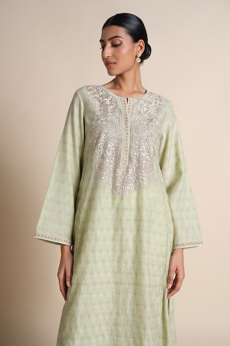 Buy_Grassroot By Anita Dongre_Green Chanderi Embroidery Round Neck Sage Kurta _Online_at_Aza_Fashions