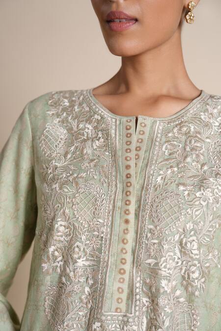Buy_Grassroot By Anita Dongre_Green Chanderi Embroidery Round Neck Sage Kurta 