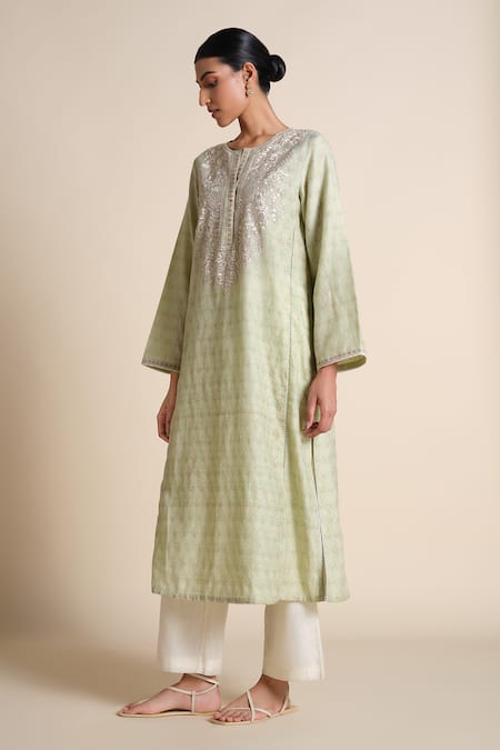 Grassroot By Anita Dongre Embroidered Sage Green Chanderi Kurta 