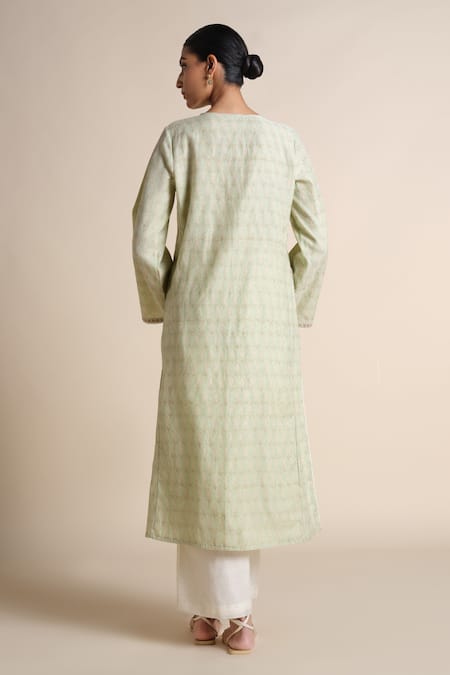 Grassroot By Anita Dongre Embroidered Sage Green Chanderi Kurta 